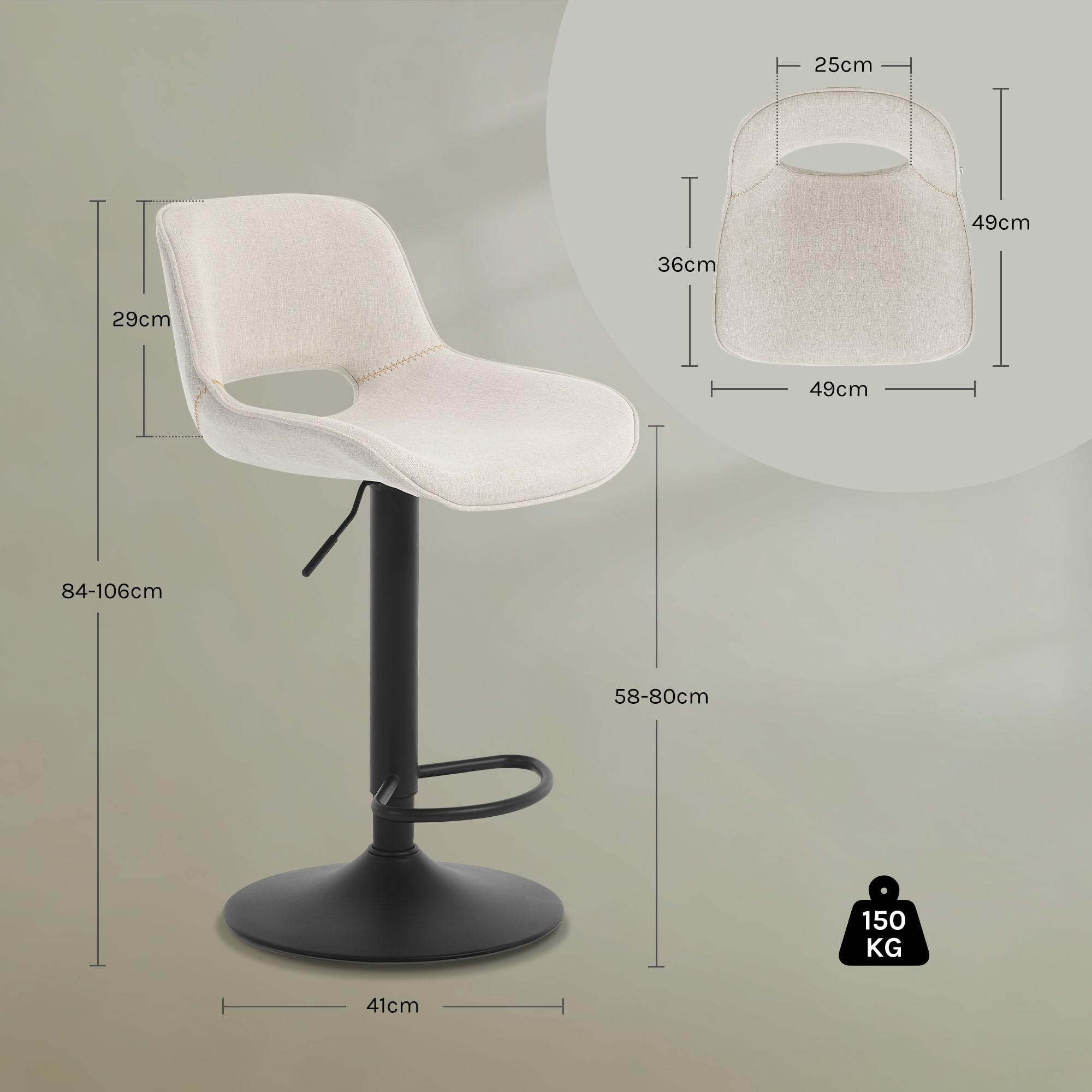 WOLTU 2X Taburetes de Bar, con Reposapies Tela, Beige | para Comedor, Salón y Cafetería