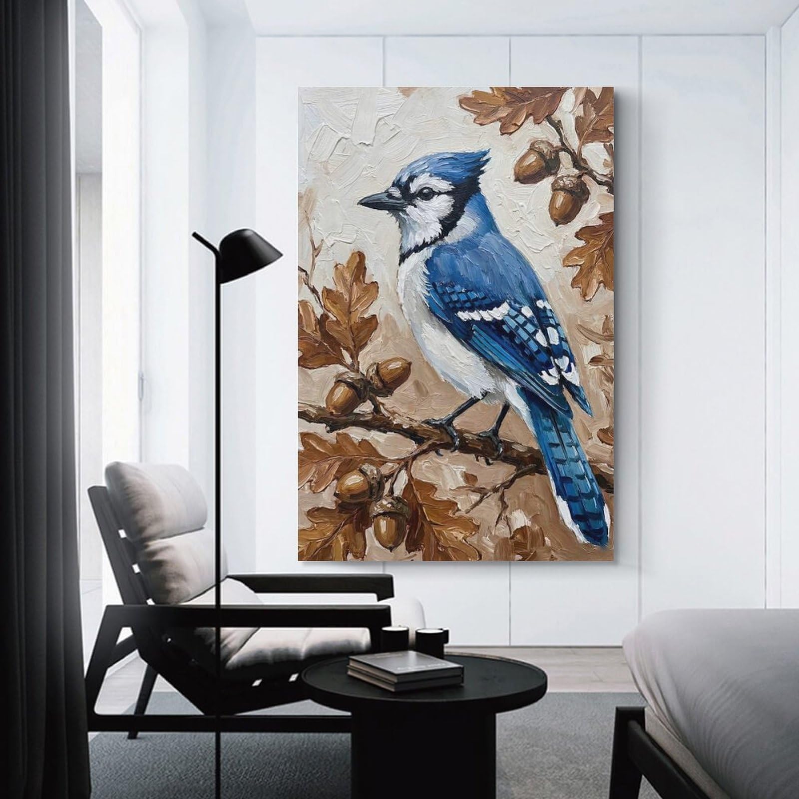 Junmoney Blue Jay on Oak Branch with Acorns Hanging Wall Art 08x12inch(20x30cm), for Gallery Wall Decor And Room Displays, A Versatile Canvas Print for Layering