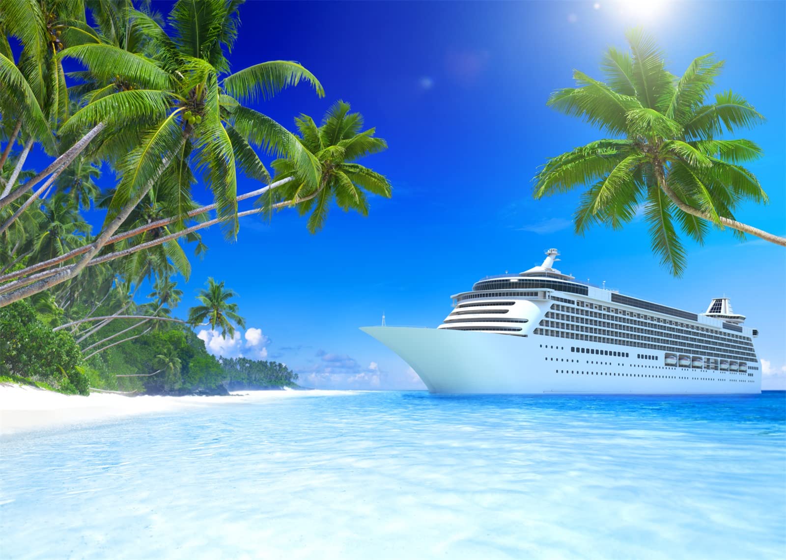 BELECO Luxury Cruise Ship Backdrop Fabric 7x5ft Cruise Backdrop for Photography Tropical Ocean Island Caribbean Sea Coconut Palm Trees Cruise Party