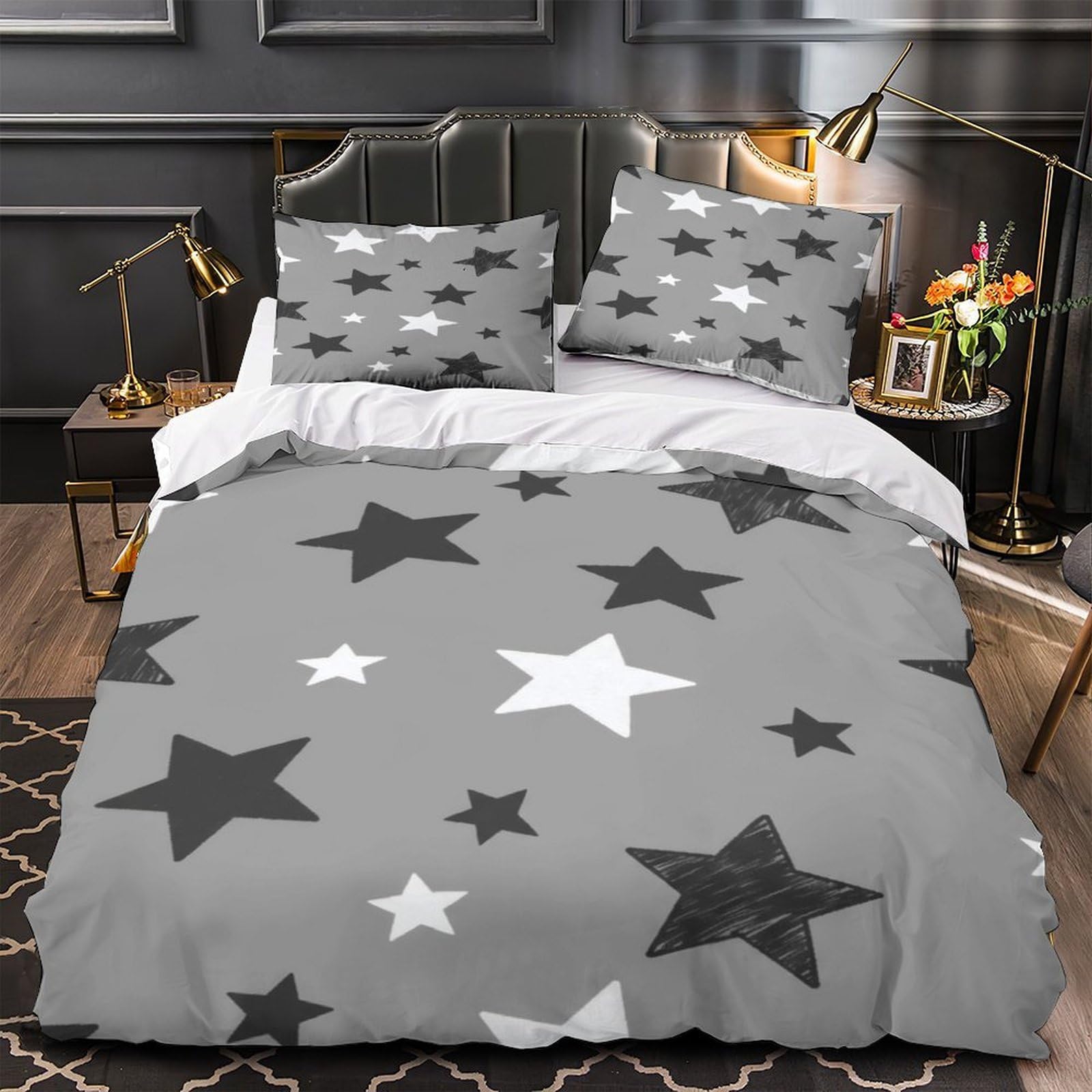 Housse de couette microfibre anti-tache noire blanche à motif étoile 3D 140x200