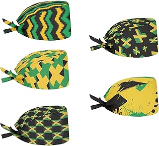 Coloranimal Jamaican Flag Working Caps with Sweatbands Adjustable Unisex Scrub Caps Hats Elastic Bandage Tie Back Hats Patriotic Jamaica Flag with Love Heart Hair Cover Women Men Headgear,5pcs