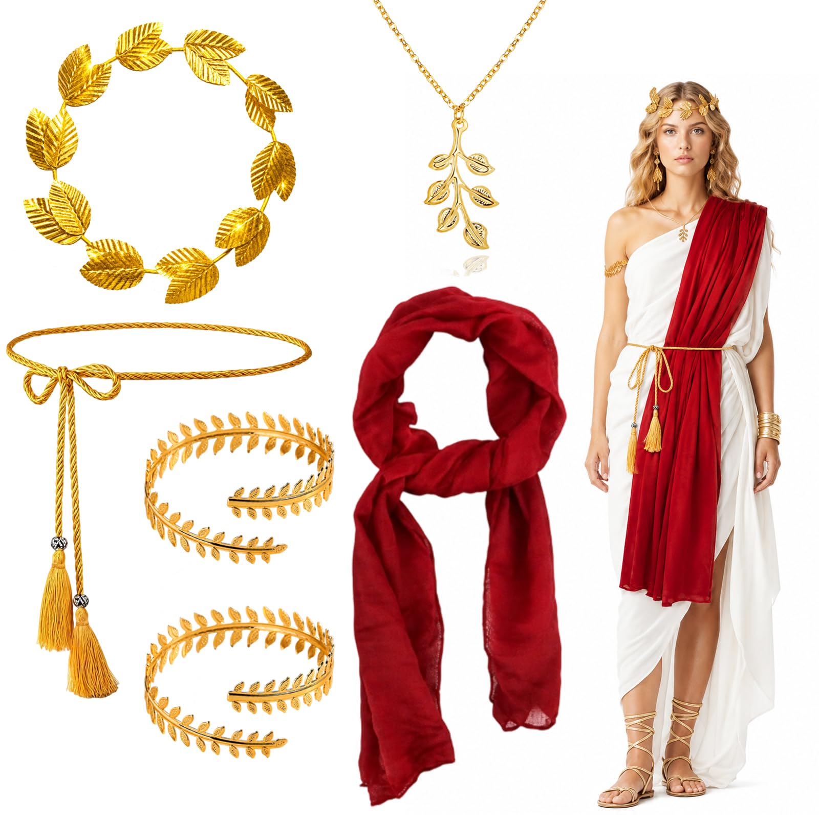 ZPSCXQ 6pcsGreek Costume Girls, Greek Goddess Costume Women, Roman Costume Girls, Greek Goddess Accessories Set with Leaf Crown and Jewellery, Ideal for Themed Events and Costume Parties ﻿