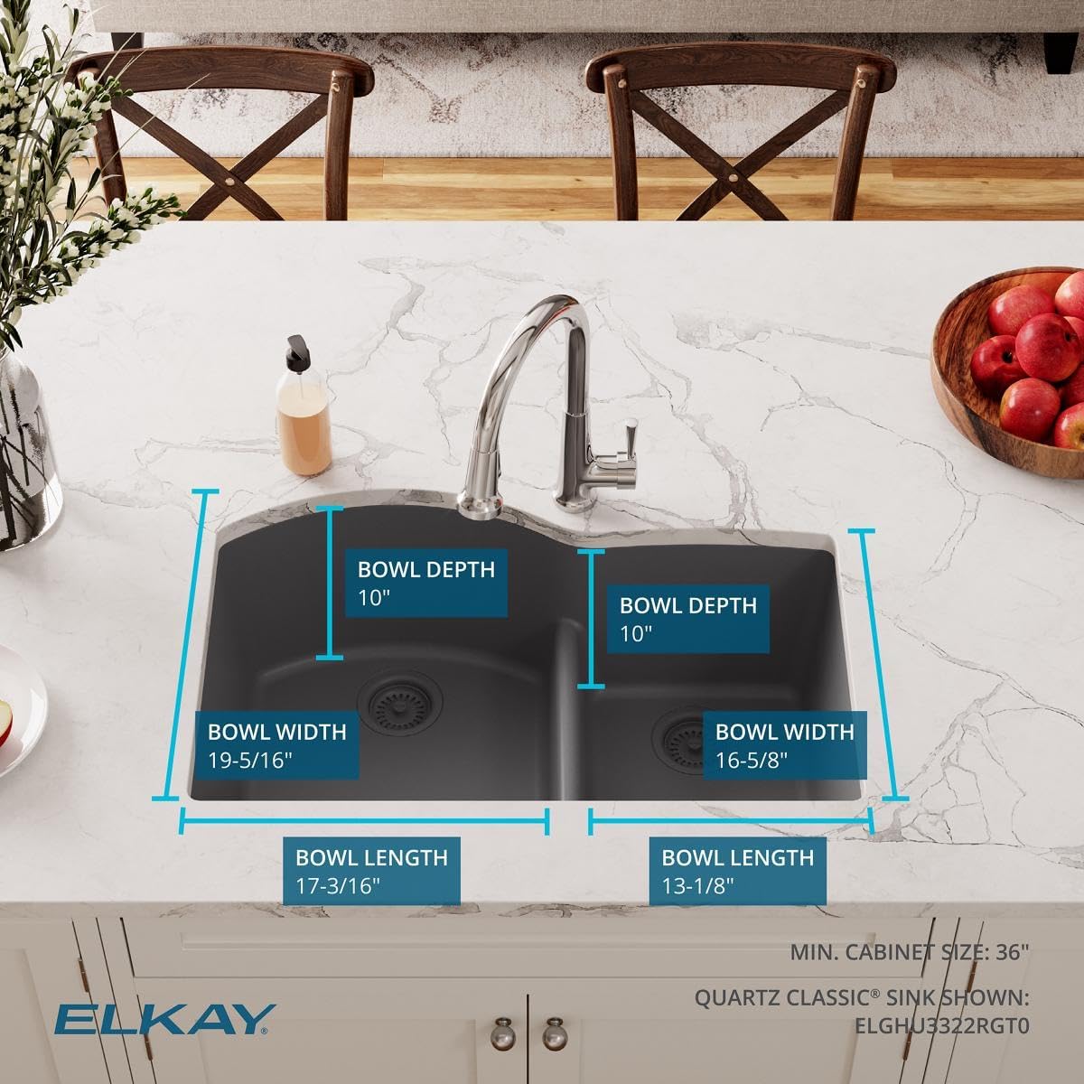 Elkay ELGHU3322RGT0 Elkay Quartz Classic 33" x 22" x 10" Double Bowl Undermount Sink with Aqua Divide Graphite