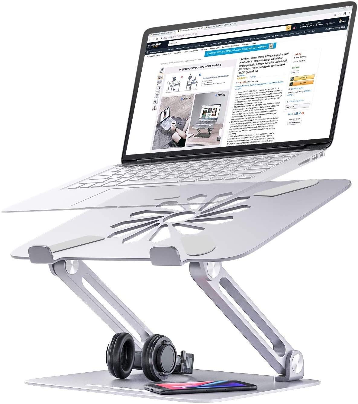 Supporto per laptop da scrivania Supporto per laptop, supporto per laptop EPN con sfiato di calore per elevare il laptop, supporto per laptop da scrivania ergonomico regolabile con silicone a prova di