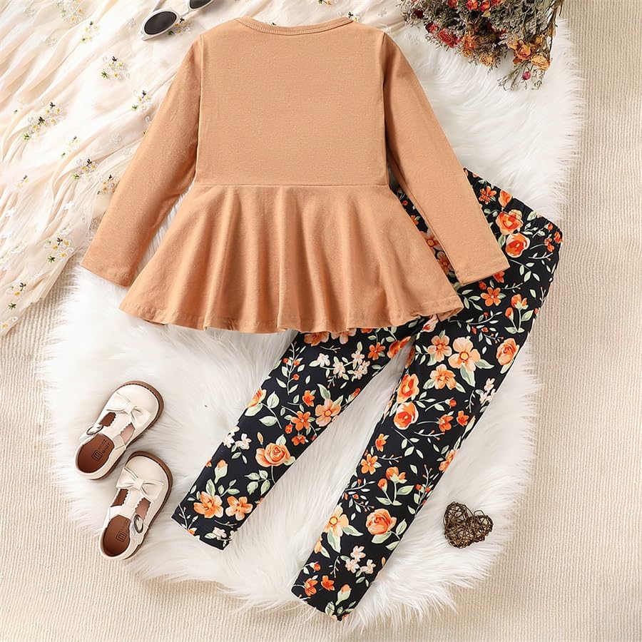 Image of Kids Toddler Girls Clothing Set Long Sleeve Top With Bowknot +Floral Print Pants 2 Pcs Fall Outfits Set