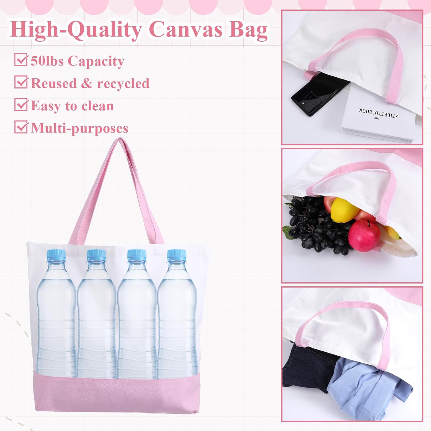 8 Pcs Large Canvas Tote Bags Bulk, Reusable Sublimation Bags with Handle Cotton Blank Washable Grocery Shopping Bag for DIY Crafting, Shopping, Travel, Birthday Gifts (Pink/Black) - Image 5
