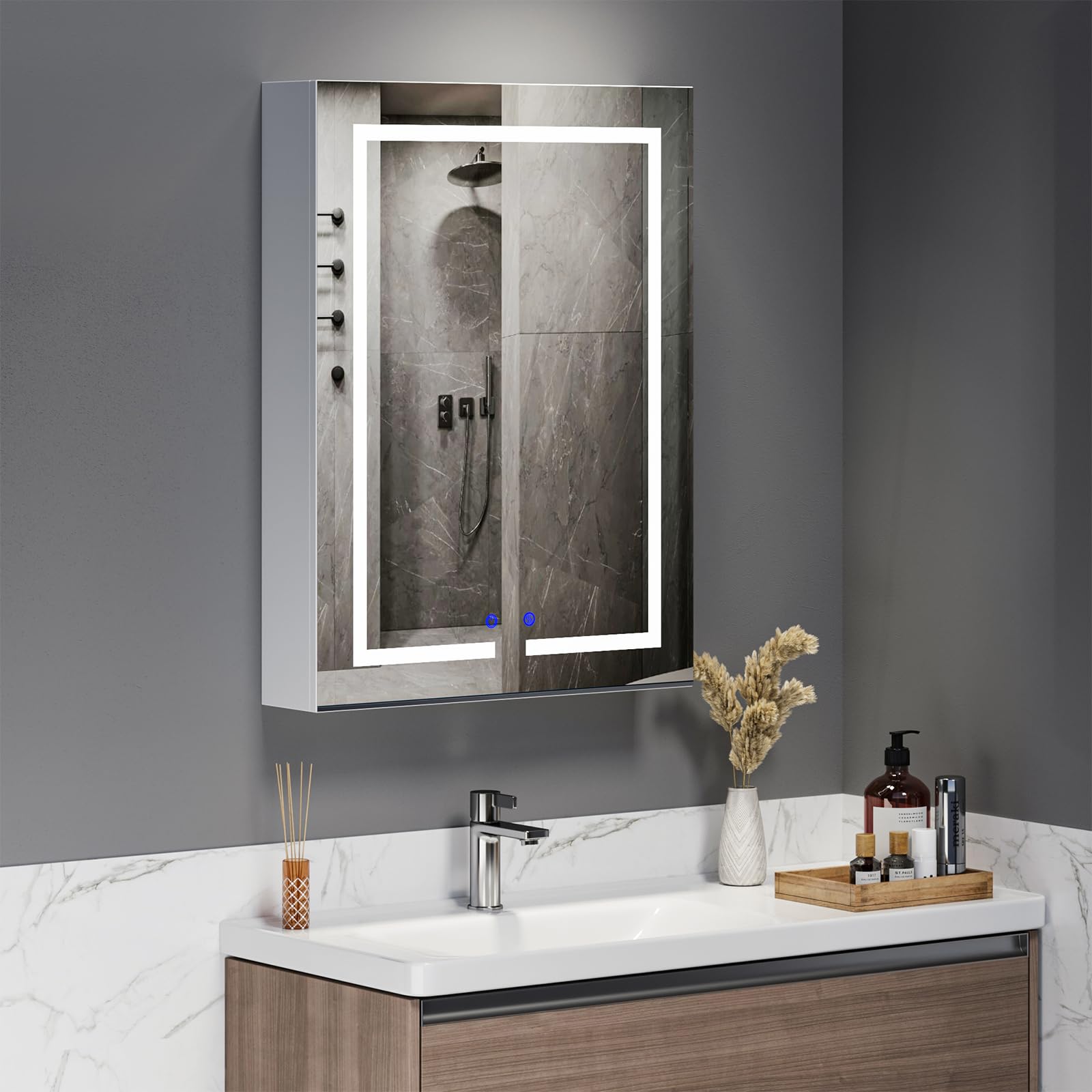 Armario Espejo para Baño con Iluminación LED, 3 Colores de Luz 6000K, Función Antivaho, Montaje en Pared, con Enchufe y Estante, Ahorra Espacio, Armario de Baño Moderno, 60 x 80cm, Blanco