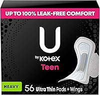 U by Kotex Balance Teen Ultra Thin Pads with Wings, Heavy Absorbency 56 Ct - Leak-Free, Teen-Sized Period Protection