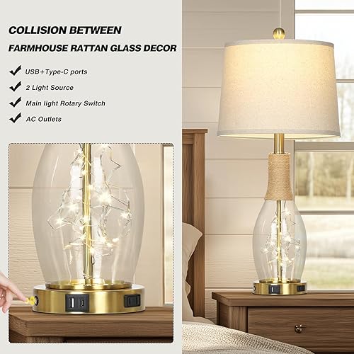 Miniatura 5 de 27.5" Coastal Glass Table Lamps Set of 2, Touch Control 3-Way Dimmable Modern Table Lamps with USB A+C Ports & AC Outlets, Farmhouse Rustic Boho