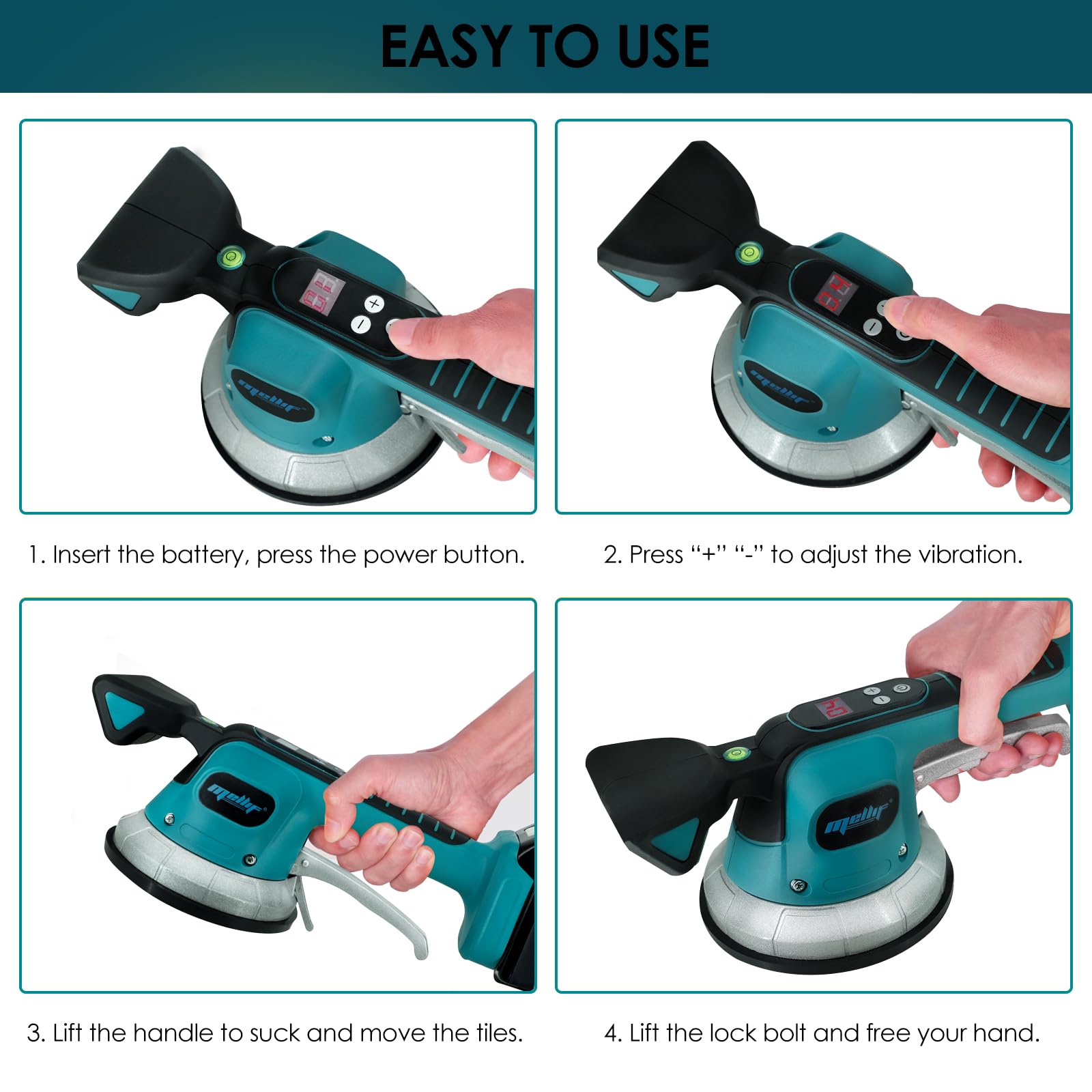 Mellif Fliesenrüttler für Makita Akku 18V, Fliesen Vibrationsgerät, Fliesenvibrator mit 10 stuftige Geschwindigkeit,14cm Saugnapf, 50kg Adsorption für 120 x 120 cm Fliesen (AKKU NICHT Enthält)