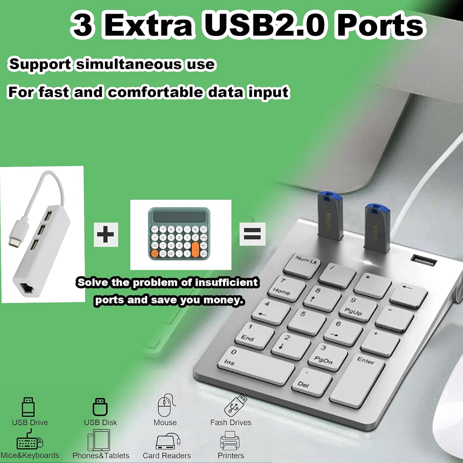 2-in-1 Number Pad & USB Hub with USB-C and USB-A Cables, 15° Ergonomic Wired Numpad with 3 USB 2.0 Ports, 18 Keys Numeric Keypad for Laptop/Desktop/Surface/iPad/Mac/No Adapter Needed USB Number Keypad