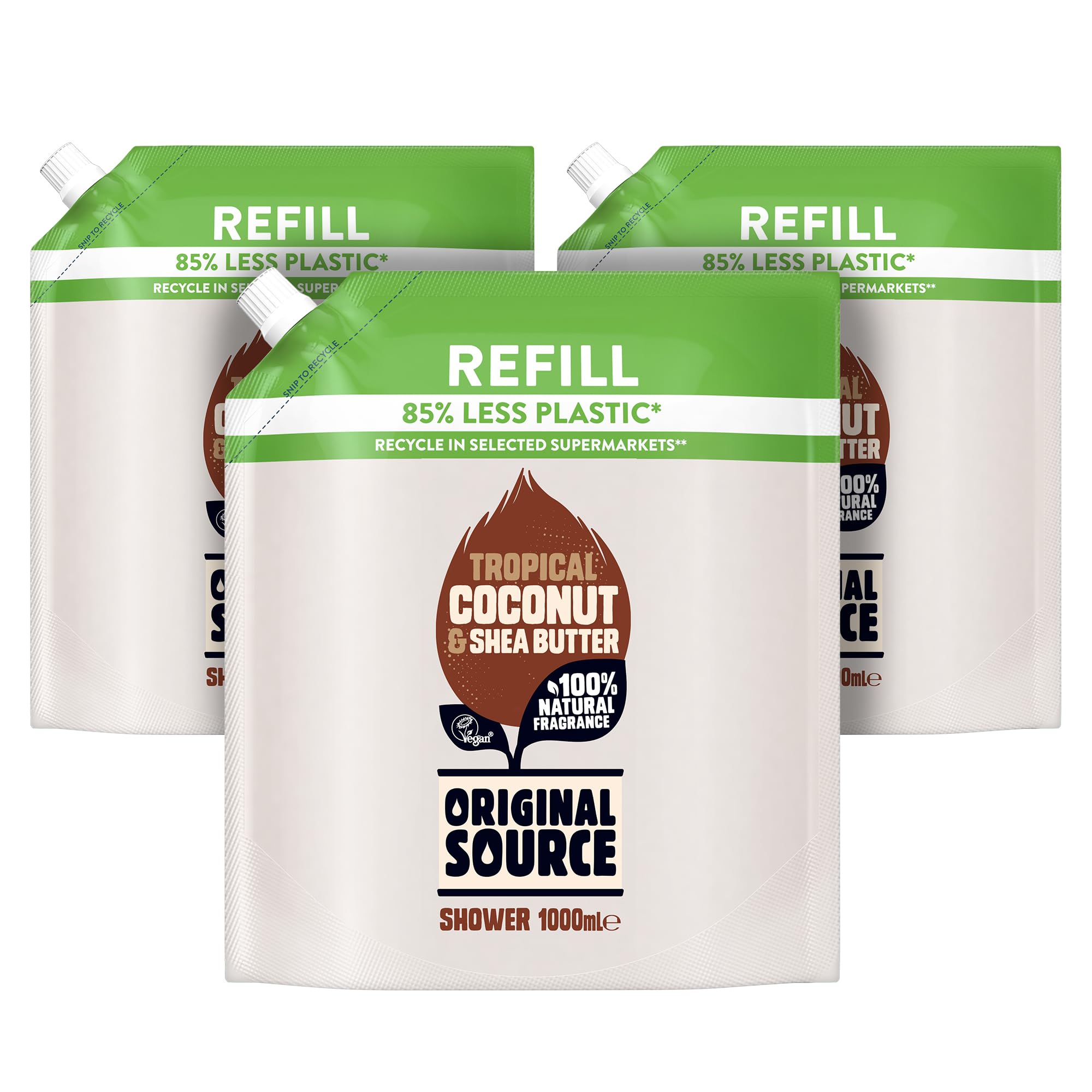 Original Source Coconut and Shea Butter Shower Gel with 100% Natural Fragrance, Vegan Shower Gel, Paraben Free Body Shower Wash, Multipack of 3 x 1000ml