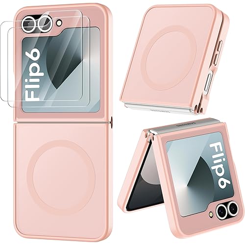 ORETECH Magnetic for Samsung Galaxy Z Flip 7 FE Case Galaxy Z Flip 6, with [2 x Screen Protector] Translucent Back Non-Slip Shockproof Bumper Case for Galaxy Z Flip 7FE/ 6 - Light Pink