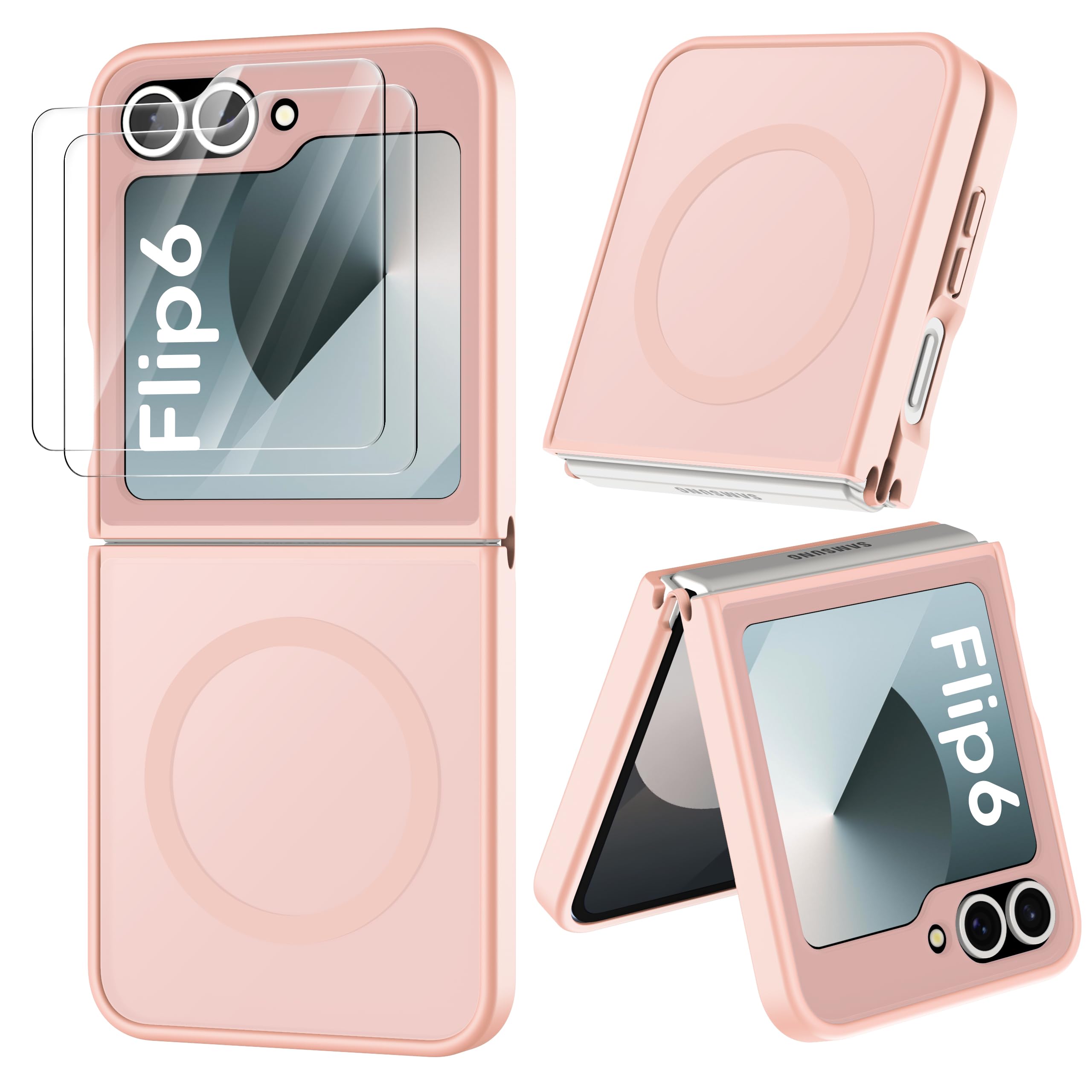 ORETECH Magnetic Case for Samsung Galaxy Z Flip 6 Case with [2x Screen Protector] [Compatible with MagSafe] Shockproof Non-Slip Translucent Hard PC Back Protective Case for Samsung Z Flip 6-Light Pink