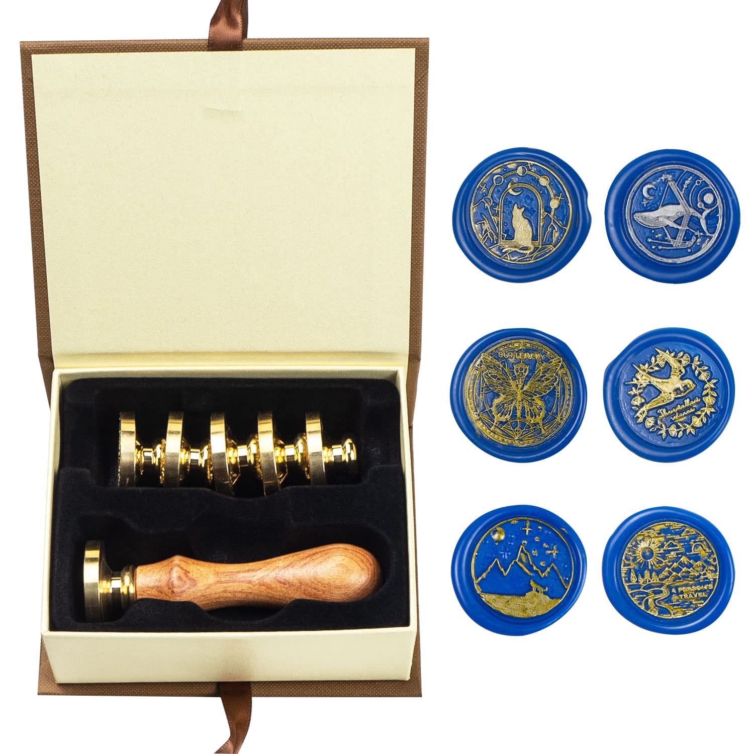 Wax Seal Stamp kit, ANBOSE Animal Wax Seal Stamp Set with 6 PCS Removable Brass Heads and 1 Wooden Handle, Cat Whale Butterfly Swallow Sealing Wax Stamp for Cards Invitations โ image 1