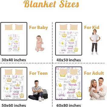 Custom Baby Blanket - Multi-Fonts Name with Crowns Design - Personalized Flannel Blanket Soft Plush for Boys Girls Holidays Birthdays Gifts Color03