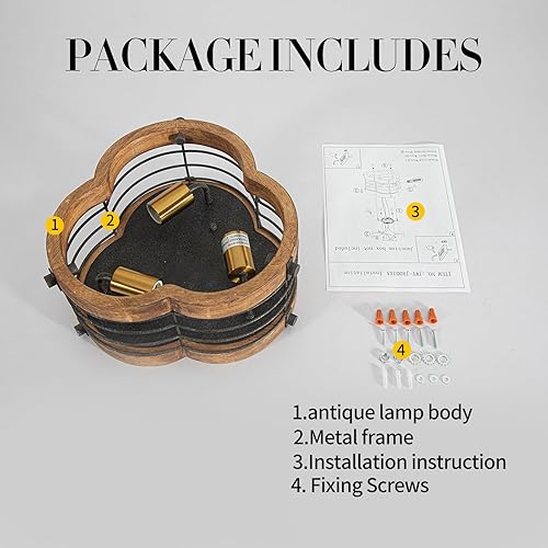 Miniatura 8 de Lámpara de techo de montaje empotrado estilo granja, 3 luces de metal y madera de 12.2 pulgadas, lámpara de techo para cocina, comedor, sala de