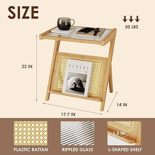 Miniatura 2 de Bamworld Mesa auxiliar de ratán, mesa de noche bohemia de cristal, mesita de noche pequeña, mesa auxiliar de bambú para dormitorio con