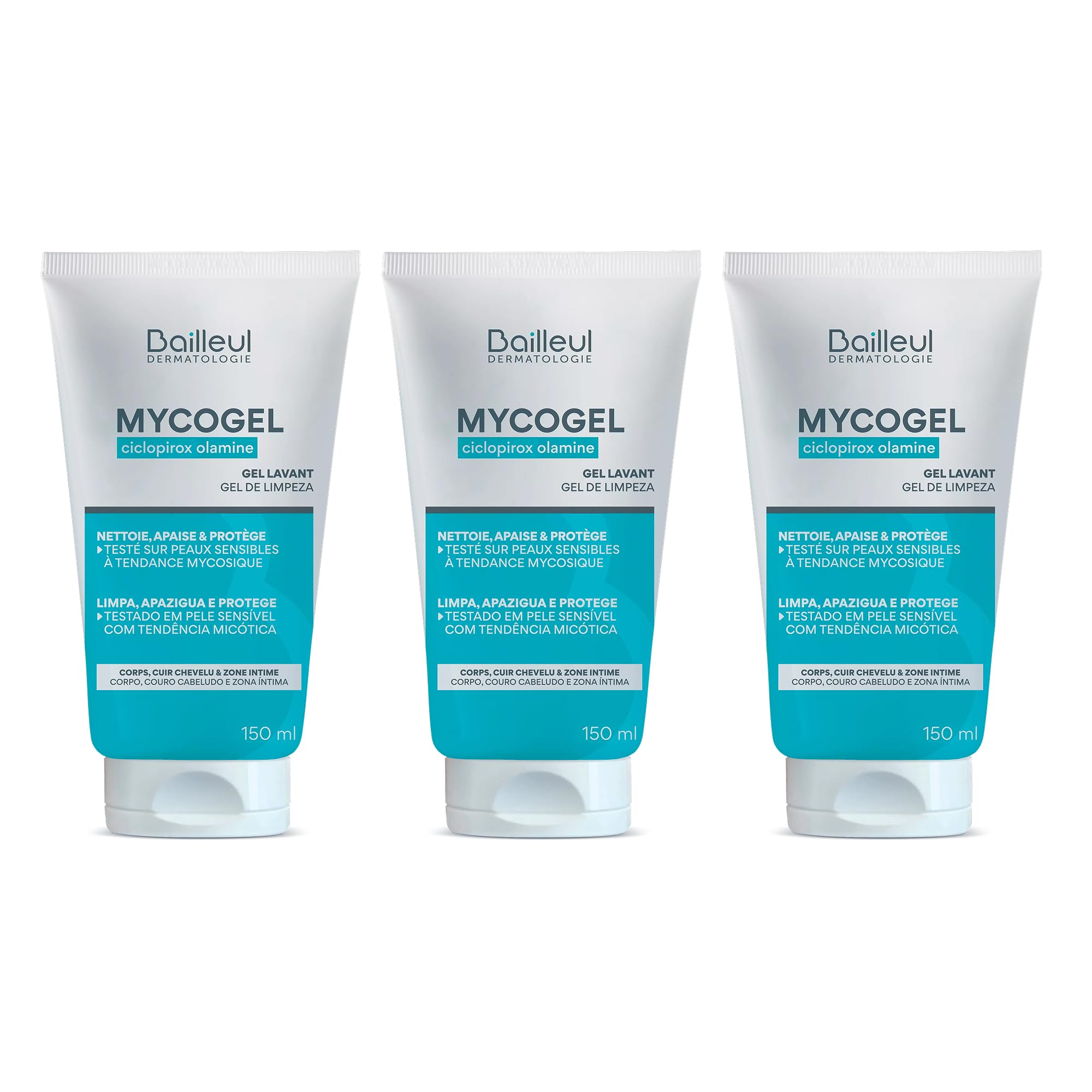 Bailleul | Mycogel | Gel lavant contre les mycoses cutanées | Nettoie, Apaise et Protège | Peaux et muqueuses génitales sensibles à tendance mycosique | Vegan | Lot de 3 x 150 ml