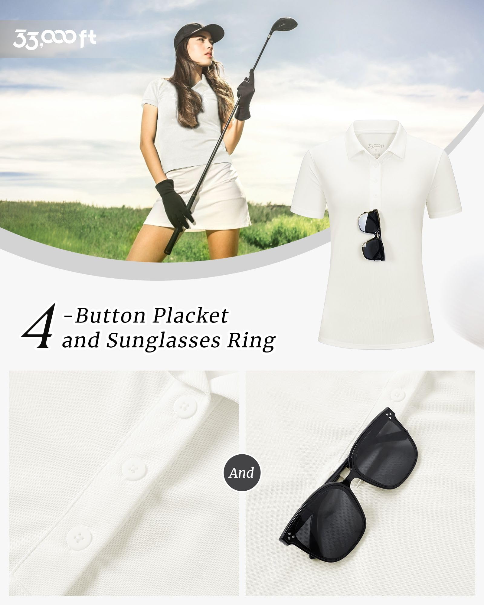 33,000ft Polo de golf pour femme - Protection solaire - Protection UV - T-shirt d'été à manches courtes - Séchage rapide - Performance - Pour l'extérieur - Respirant - Fonctionnel - Pour le golf, le