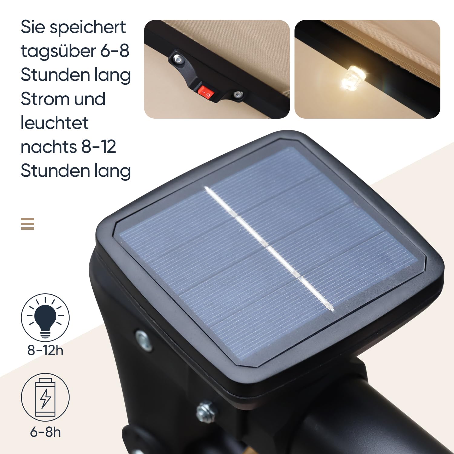 Outsunny Parasol 3x3m zweefparasol alu roma scherm met zonne-energie LED-verlichting neigbaar