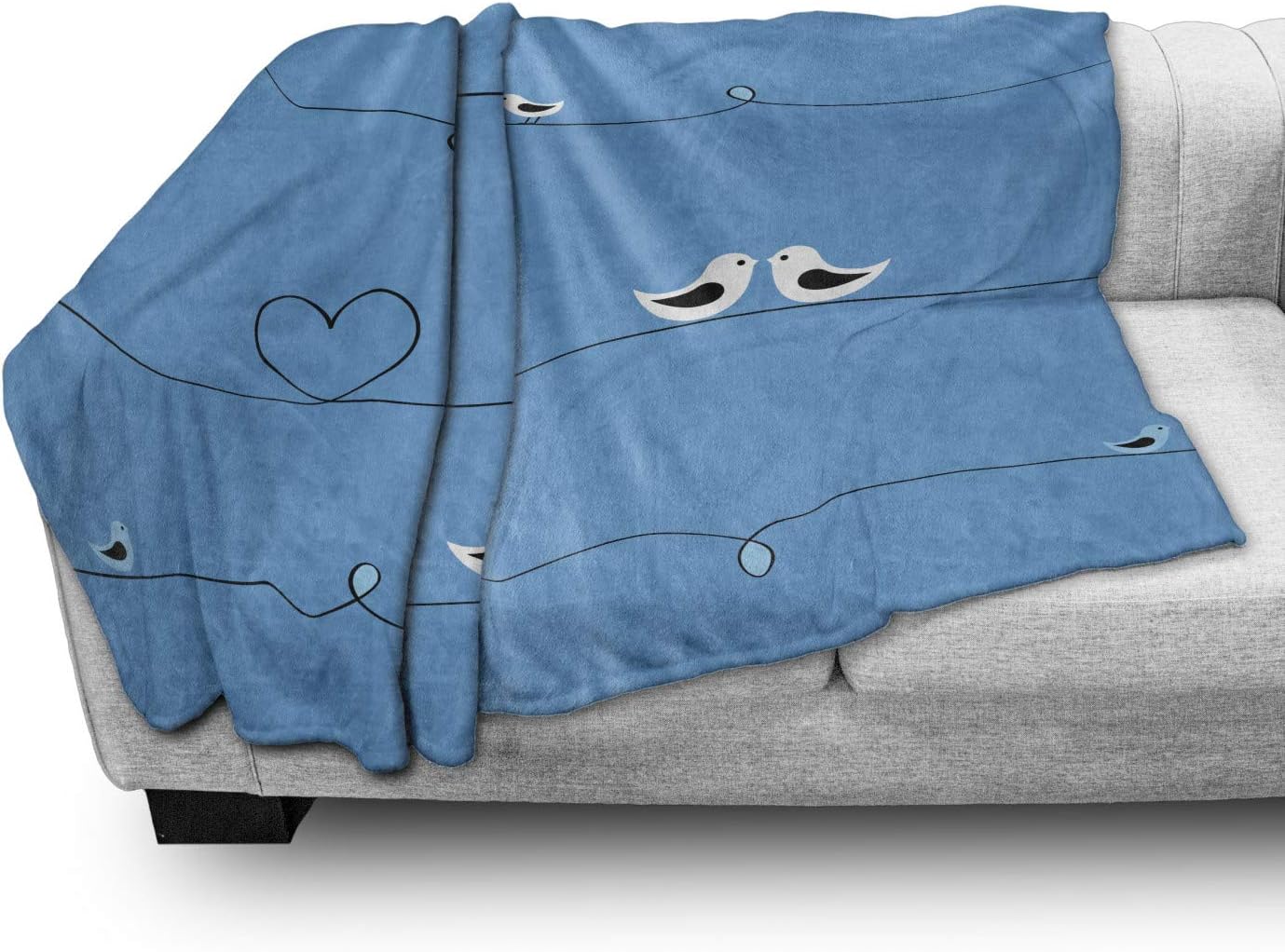 Lunarable Birds on a Wire Throw Blanket, Romantic Birds on Curved Lines Heart Shapes Love Valentines Theme, Flannel Fleece Accent Piece Soft Couch Cover for Adults, 50" x 60", Blue Black and White