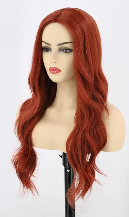 Topcosplay Women Wigs Red Long Wavy Curly Wig Middle Part Full Wigs Synthetic Halloween Costume Wig