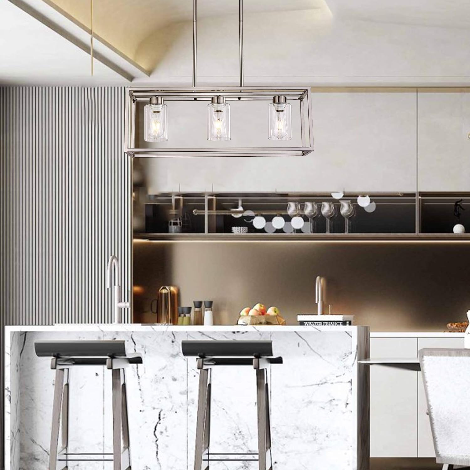 XILICON Dining Room Lighting Fixtures Hanging Farmhouse Brushed Nickel 3 Light Modern Pendant Lighting Contemporary Chandeliers with Glass Shade for Living Dining Room Bedroom Kitchen Island : Everything Else