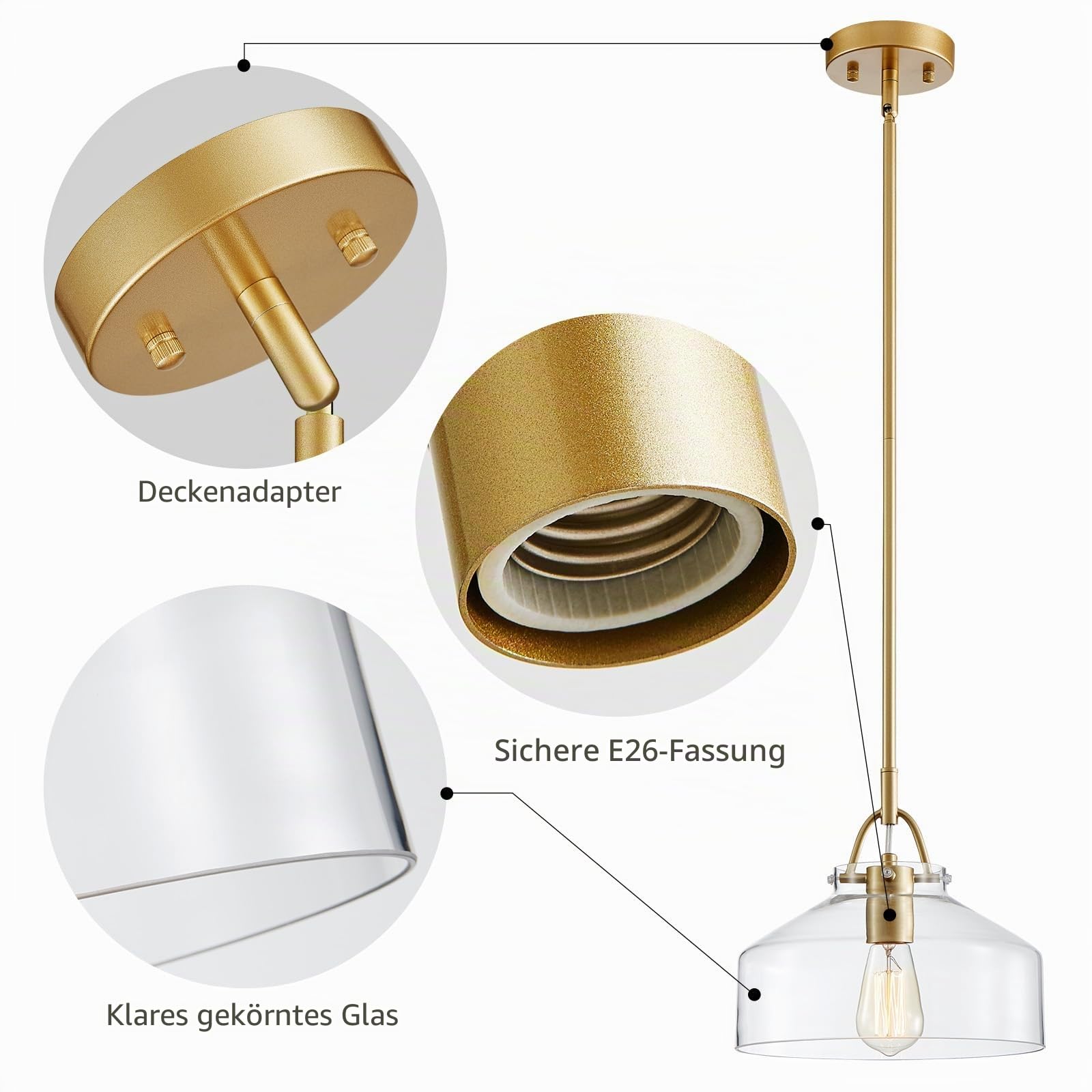 WUZUPS Kronleuchter Rustikale Bauernhaus Industrielle Runde Decke Pendel LED-Leuchte mit klaren Glasschirmen für Esszimmer Küche Insel Foyer Eingangsbereich, H24 W27, E27 Base, Gold