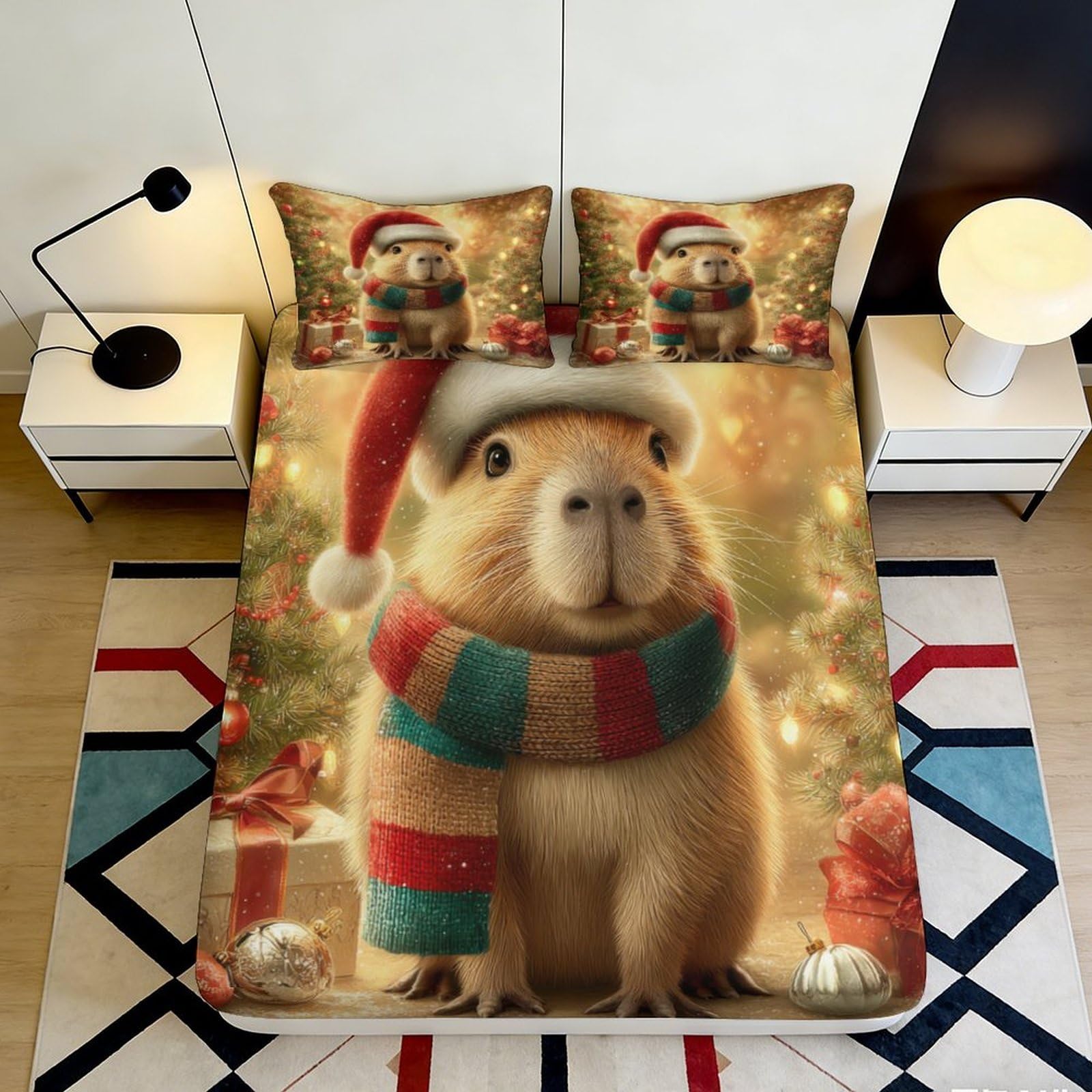 Pnayamiorkfel Style-2 3D Printed Christmas Capybara Fitted Sheet Microfiber Festive Tree Bed Cover For Bedroom Guest Room Decor 90X200x25cm