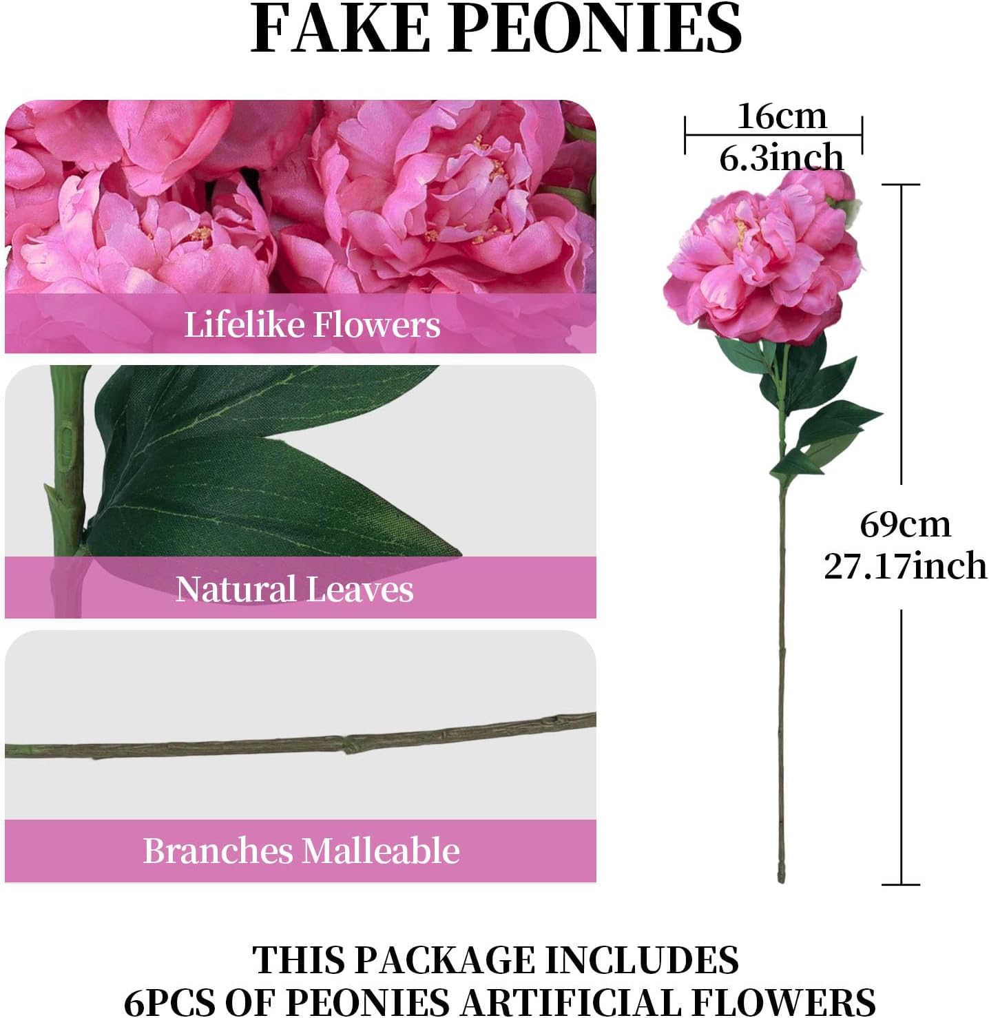 SwanMoon Artificial Peonies Silk Flowers, 6 Pcs 27Inch Long Stem Realistic Faux Peony with Buds, Lifelike Peonies Bouquet for Tall Vase, Wedding Centerpieces, Home Office Party Floral Decor