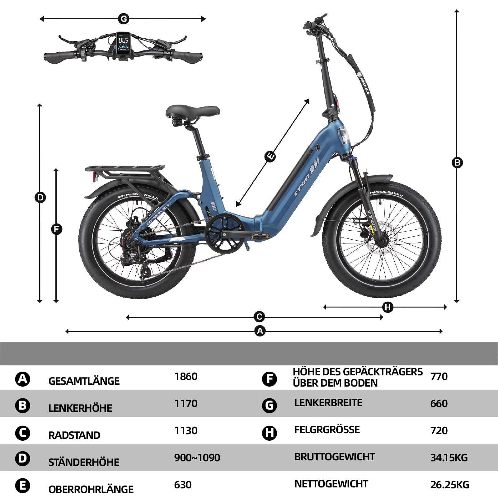 ttgo F7 E Bike Klapprad, 20 * 3 Zoll Elektrofahrrad Herren Damen mit 250W Motor, 70Nm Drehmoment, 48V 15AH Akku, bis zu 120 km Reichweite, 7-Gang Getriebe mit LCD-Display