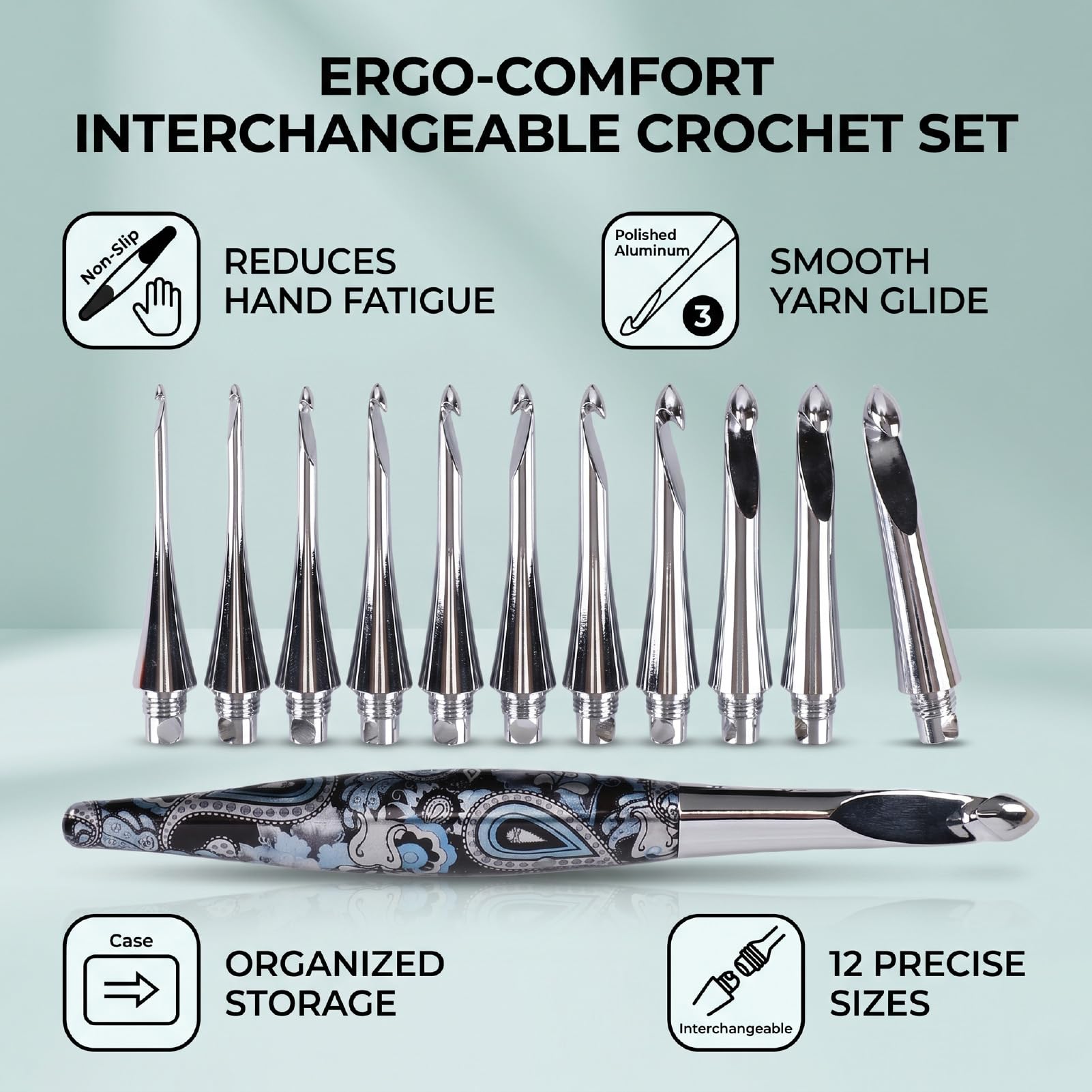 Haofy Zestaw Szydełek 12 szt., 3,0-10,0 Mm, Ergonomiczne Aluminiowe | Miękkie Uchwyty 10 Cm zmniejszają Napięcie Stawów, 7 Cm Wypolerowane Trzpienie zapobiegają Rozdwajaniu, Etui Podróżne PU z