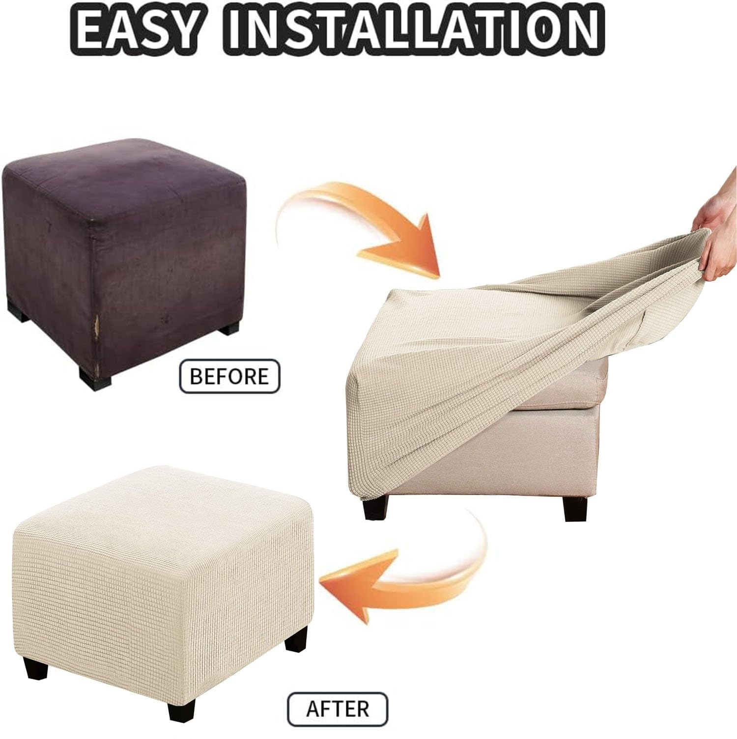 Housse de protection carrée pour ottoman, longueur 33 à 111,8 cm, housse de protection pour repose-pieds avec base élastique, amovible et lavable (naturel, taille XXL (85-1