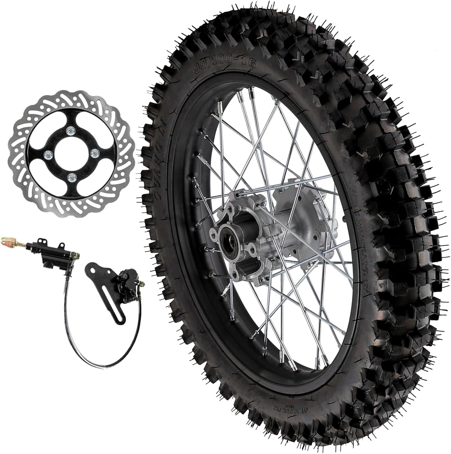 90/100-16 Rear Dirt Bike Wheel Assembly with Knobby Tire, 1.85x16 Rim & 15mm Bearing + Brake Caliper Master Cylinder – Fits 125cc–150cc Trail Pit Bikes, Motocross & Off-Road Motorcycle
