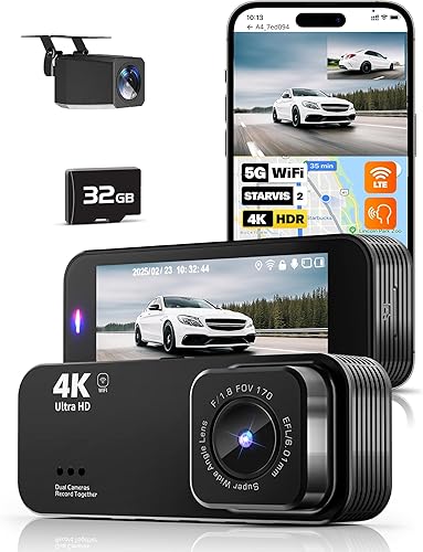 4K Dash Cam Front and Rear, 5G WiFi Car Camera with 32GB Card, 3.16” IPS Screen, Super Night Vision, 24H Parking Mode, Loop Recording, G-Sensor, Support 128GB Max