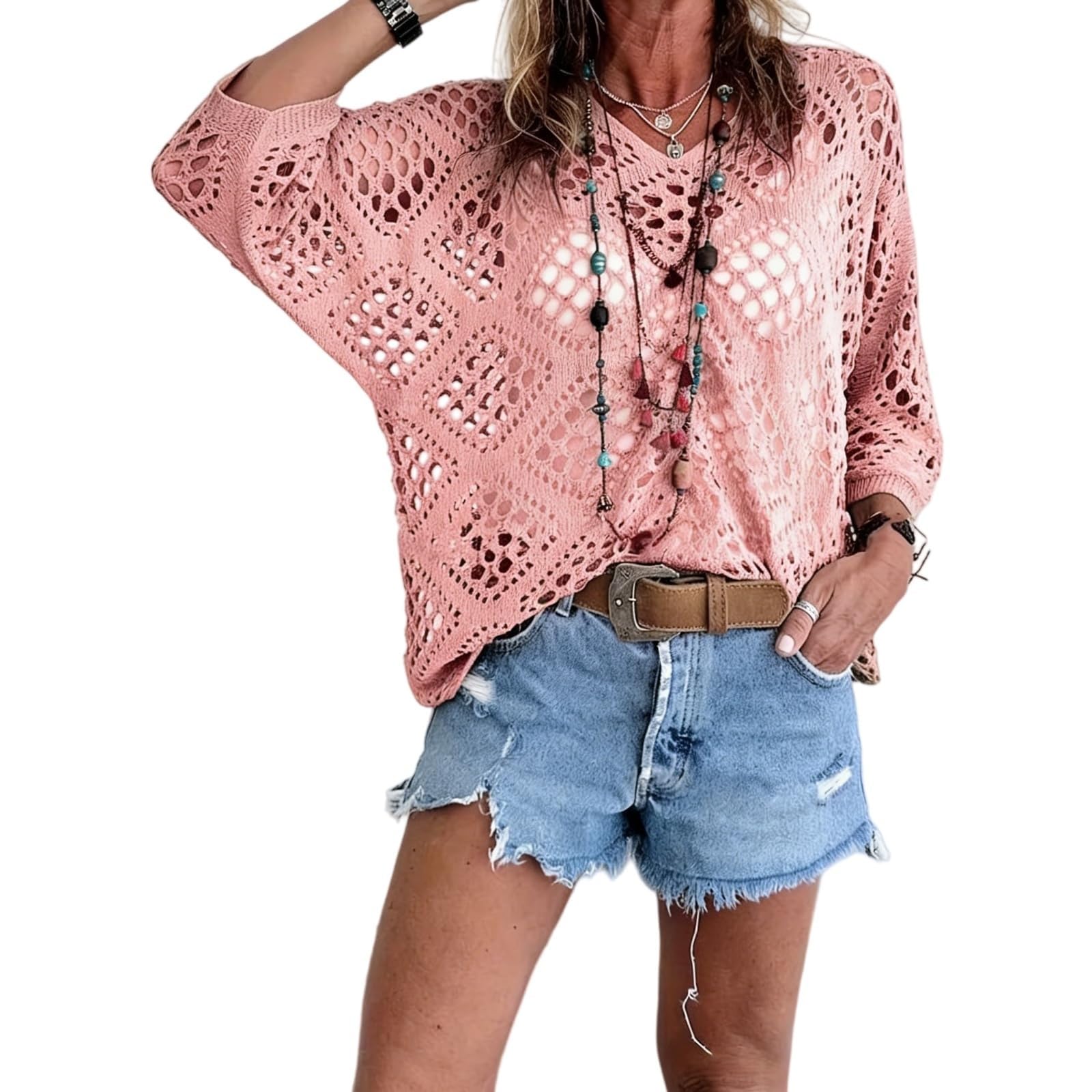 Damski sweter na szydełku, okrycie plażowe, oversize, letni sweter z krótkim rękawem, kimono, Y2K, kabaretka, na co dzień, z wycięciem, dzianinowy pulower, damskie przezroczyste koszule, strój