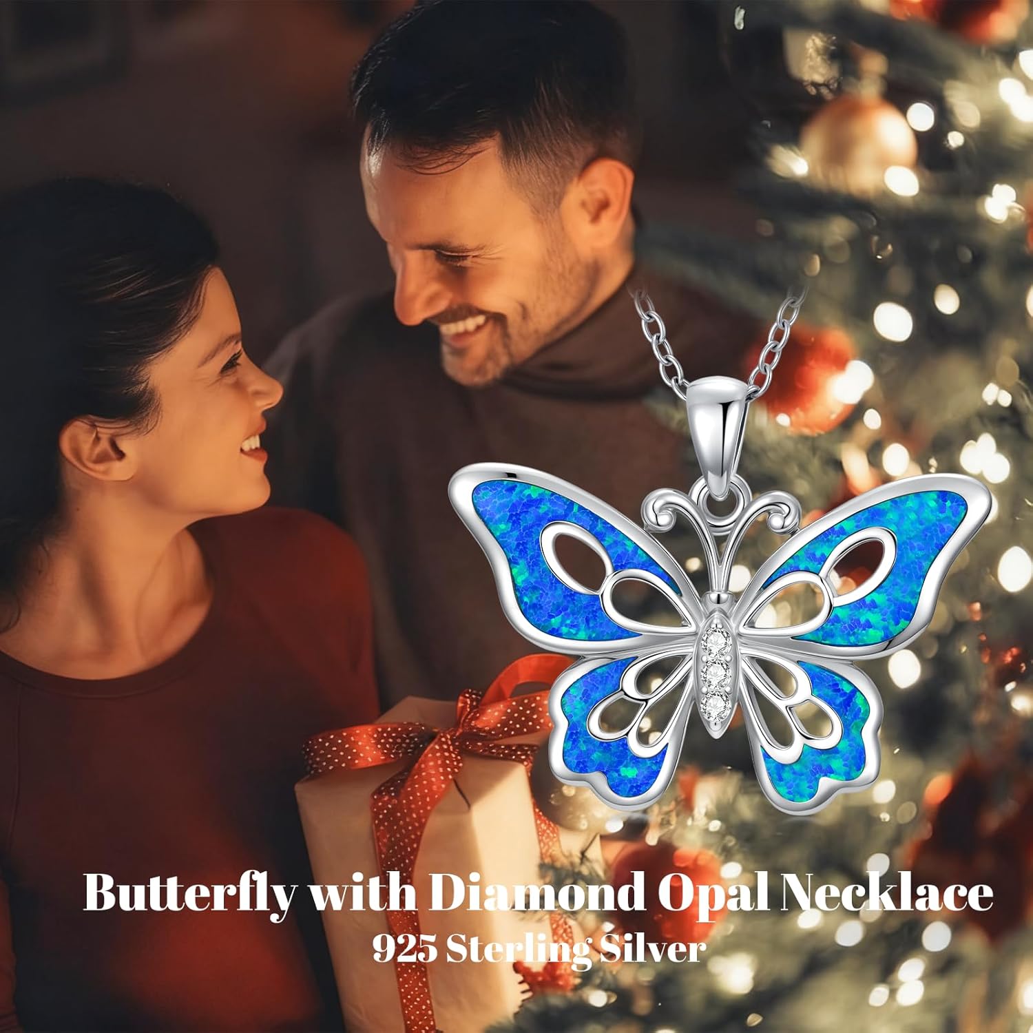 Butterfly Necklace 925 Sterling Silver Genuine Butterfly Opal with Diamonds Pendant Necklace Valentine's Day Birthday Jewelry Gift for Women Friends - Image 3