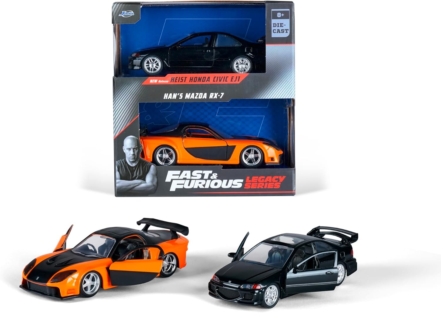 Jada Toys Fast and Furious Cars (Set of 2) - 1993 Honda Civic EJ1 & Han's Mazda RX-7 1997-2 Legacy Series Model Cars with Opening Doors, 1:32, 7.5", Ages 8+, Wave 1, Set 1