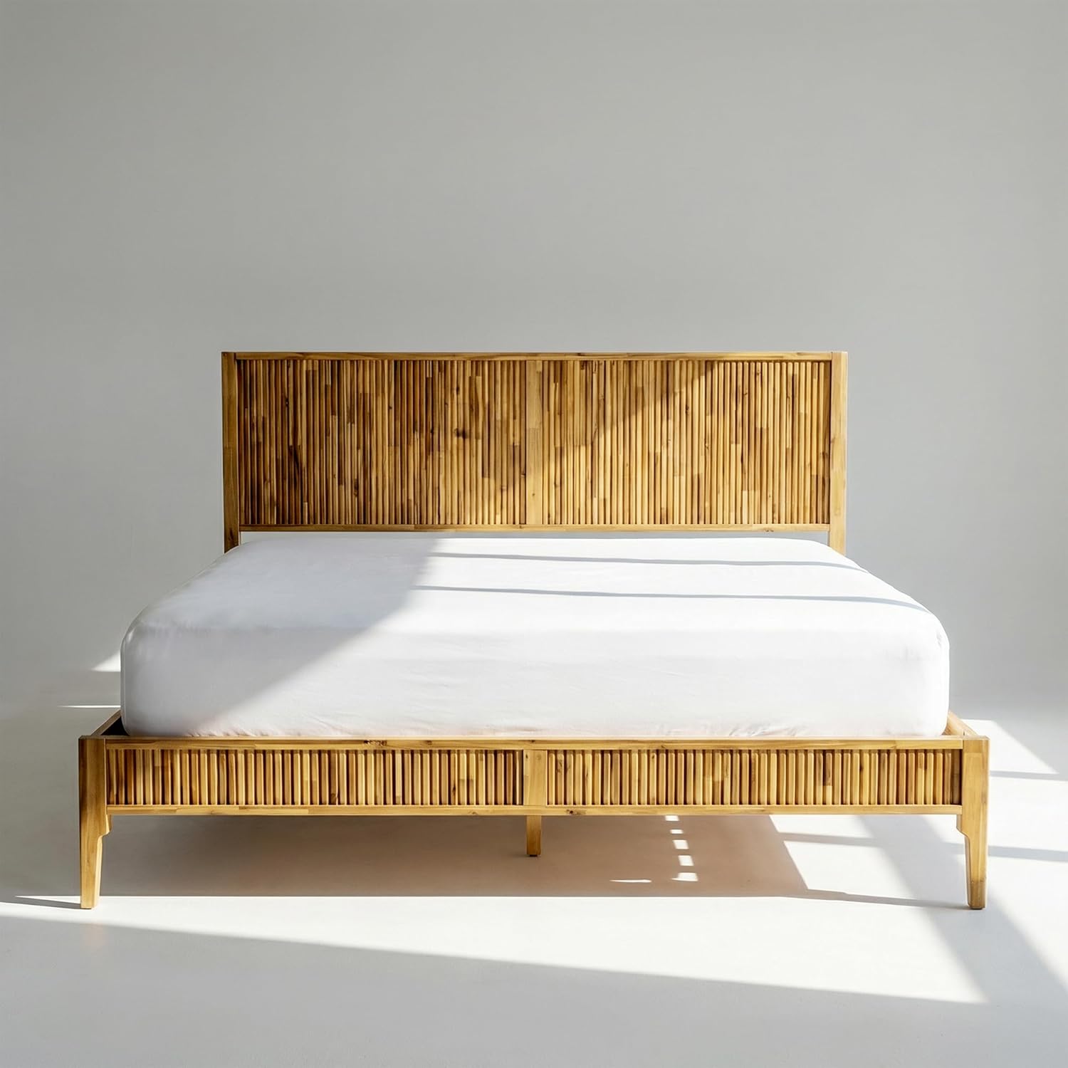 Bosk Queen Bed Frame with Headboard, Solid Acacia Wood Platform Bed, No Box Spring Need, Fluted Mid-Century Modern, Easy Assembly, Support Legs, Compatible with 8-12-14" Mattress Thickness, Oak