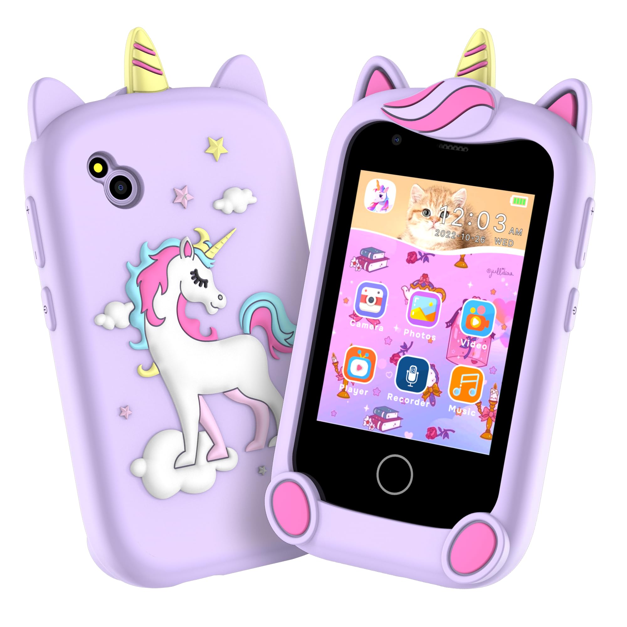 Kids Phone, 2.8" HD Display, 5 Languages Story Books, Educational Games, Drawing, Pet Care, Recording, Camera, Music, Flashlight, Alarm - Gift for Ages 3-12 (Purple)