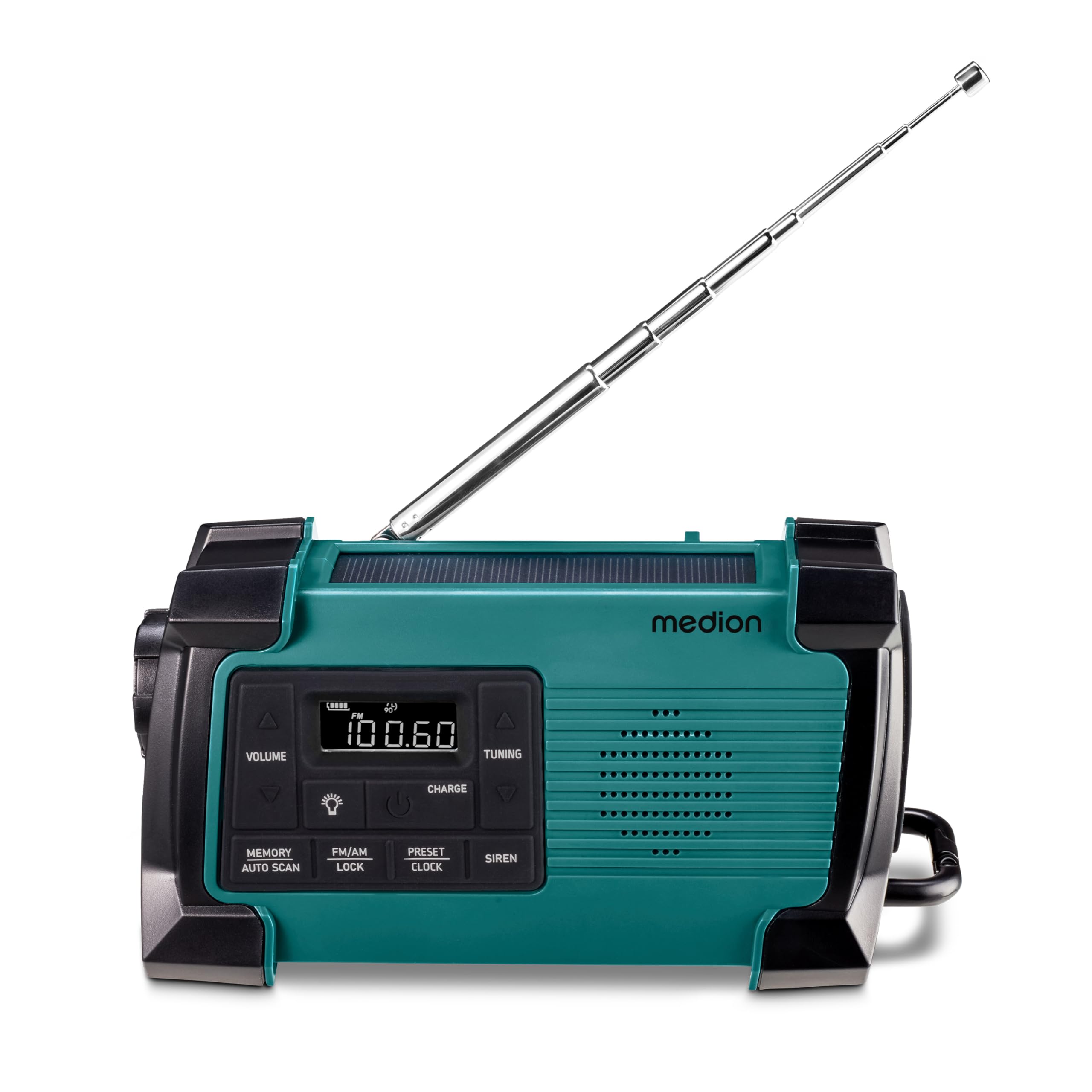 MEDION E66805 Kurbelradio (Solar, Dynamo Handkurbel, Baustellenradio, PLL UKW Radio, Taschenlampe IPX4 Spritzwasserschutz, SOS Notfall Funktion)
