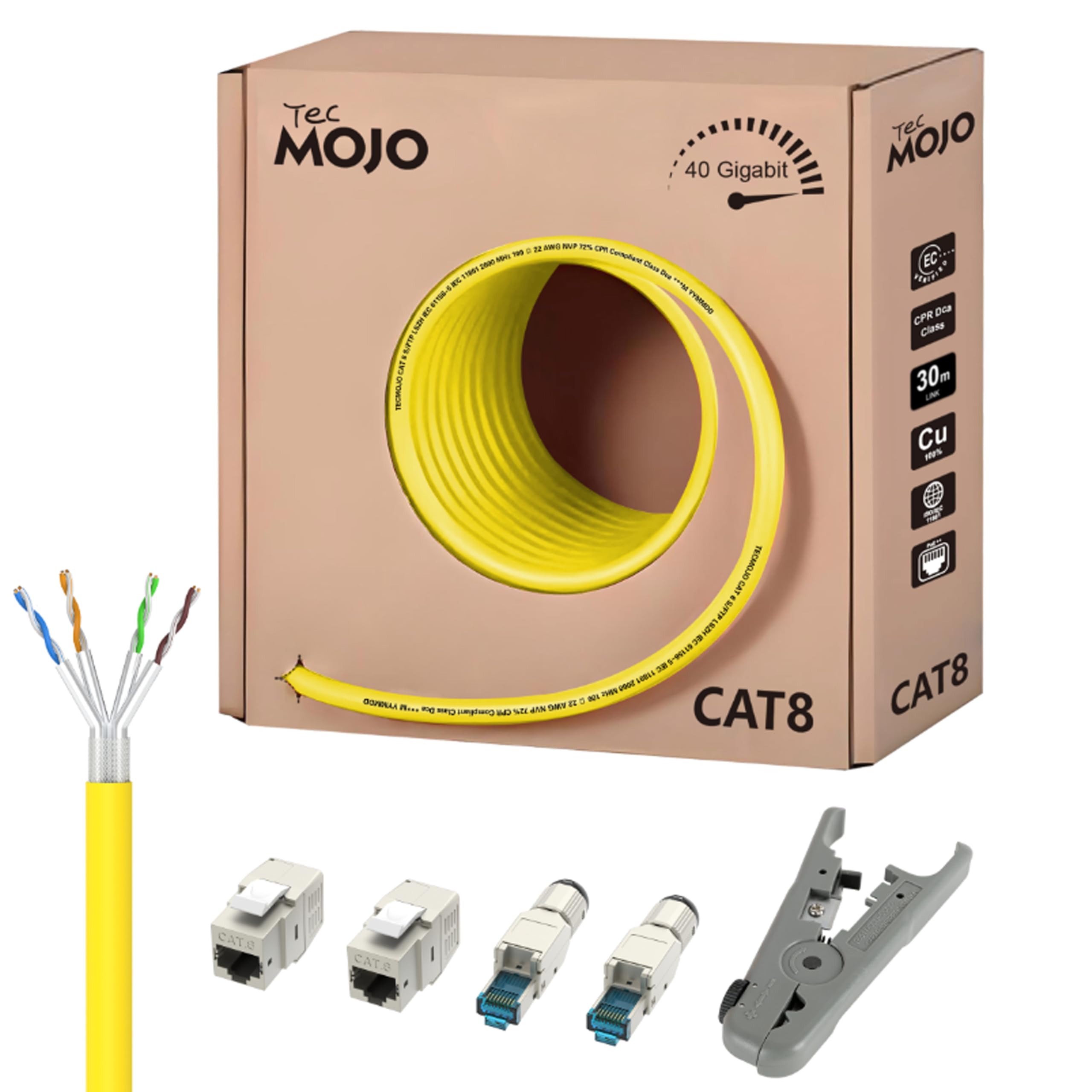 Tecmojo Cavo di rete Ethernet LAN CAT8 S/FTP, 20 m, 40 Gigabit, conduttore in rame puro PiMF 22 AWG con schermatura LSZH DCA, con strumento per cavi, connettori RJ45 e prese Keystone, giallo