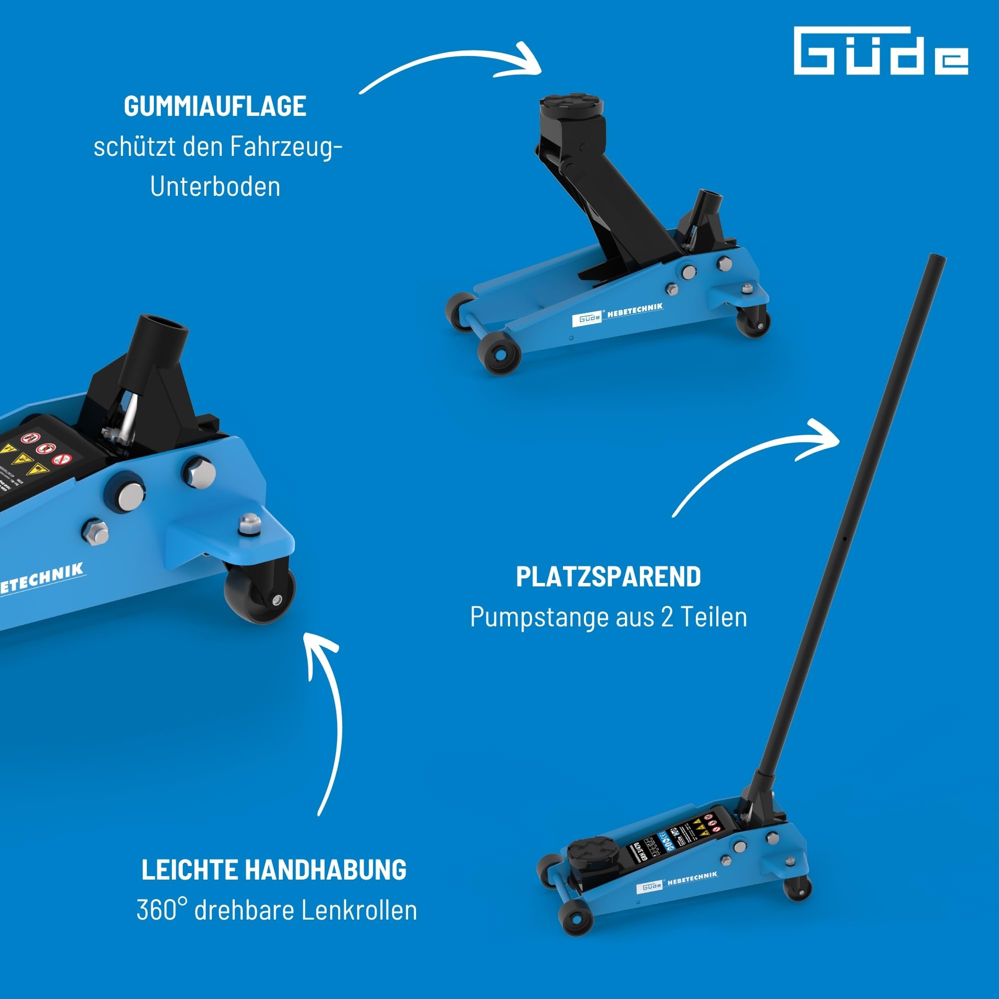 Güde GRH 3/470 Rangierwagenheber 3 Tonnen Hubkraft 11 cm Lastteller 13-46,5 cm Hubhöhe 360° Lenkrollen