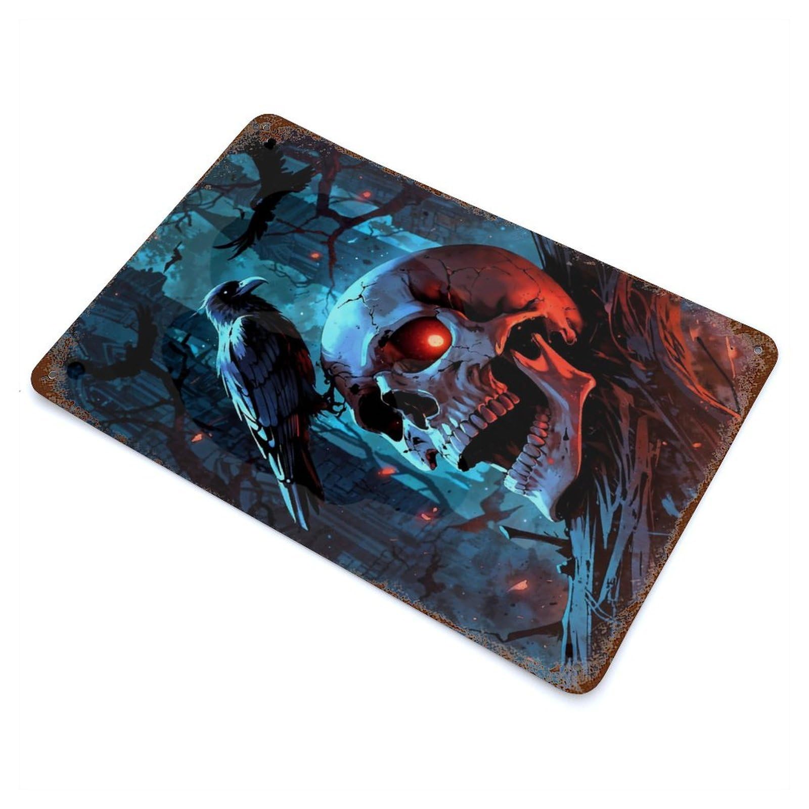 Mysterious Skull And Raven Rusty Metal Tin Sign 11.8"x7.9", Ideal for Farmhouse, Kitchen And Entryway Decor