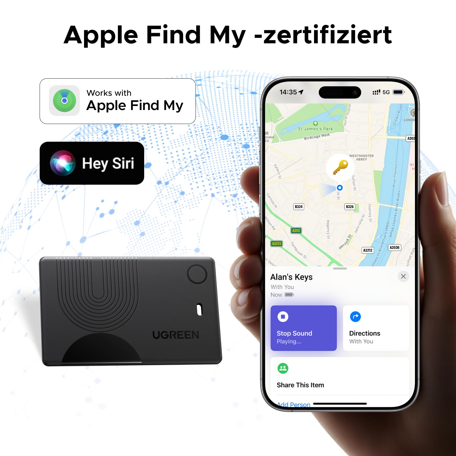 UGREEN FineTrack Slim unterstützt magnetisches kabelloses Laden, Bluetooth Tracker Karte kompatibel mit Apple Find My (nur iOS), Geldbörsenfinder bis zu 1 Jahr Akkulaufzeit, SmartTag für Reisepässe