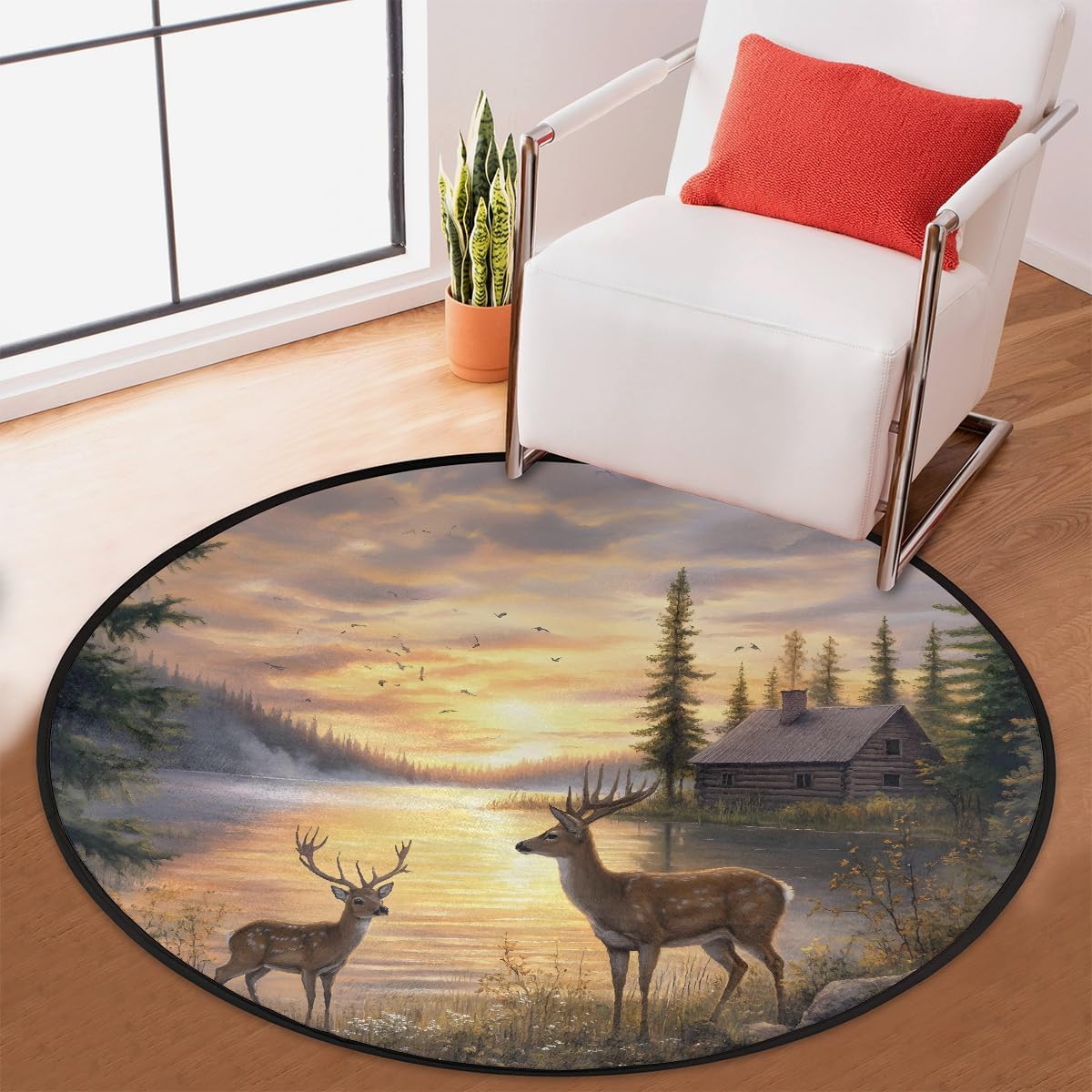 5 Ft Small Round Rug Deer Lake Landscape Soft Circle Area Rugs Non Slip Washable Circular Door Mat for Indoor Bedroom Living Room Nursery Kitchen Bathroom Entryway Home Carpet Decor