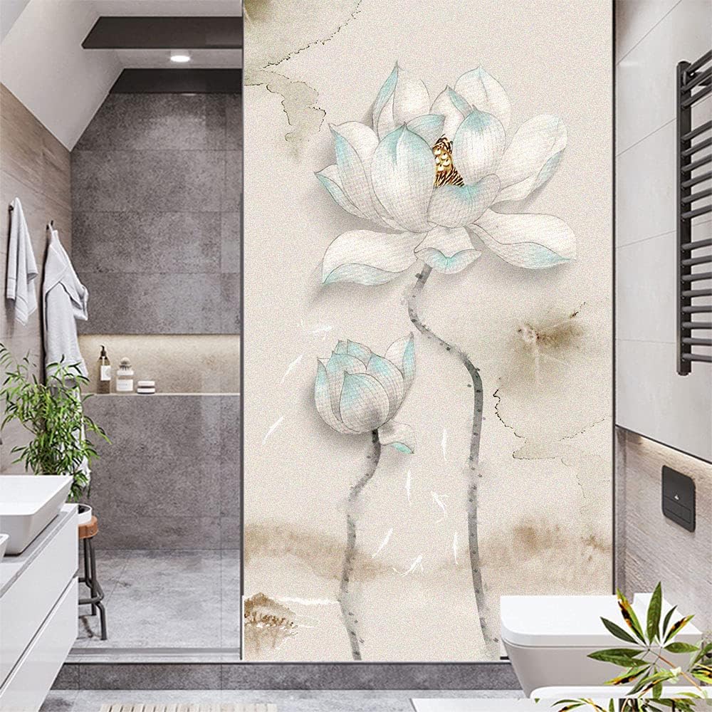 Window Film Privacy Static Cling Window Stickers No Glue White Lotus Decorative Window Clings UV Blocking Heat Reduction Window Coverings for Home/Office 29.52"x74.80"(75x190cm)