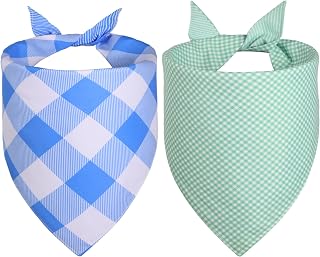 WoffBow Reversible Spring Plaid Dog Bandanas 2-Pack for Large XL Dogs - Blue Mint Gingham 4 Looks, 18-23" Neck Scarf