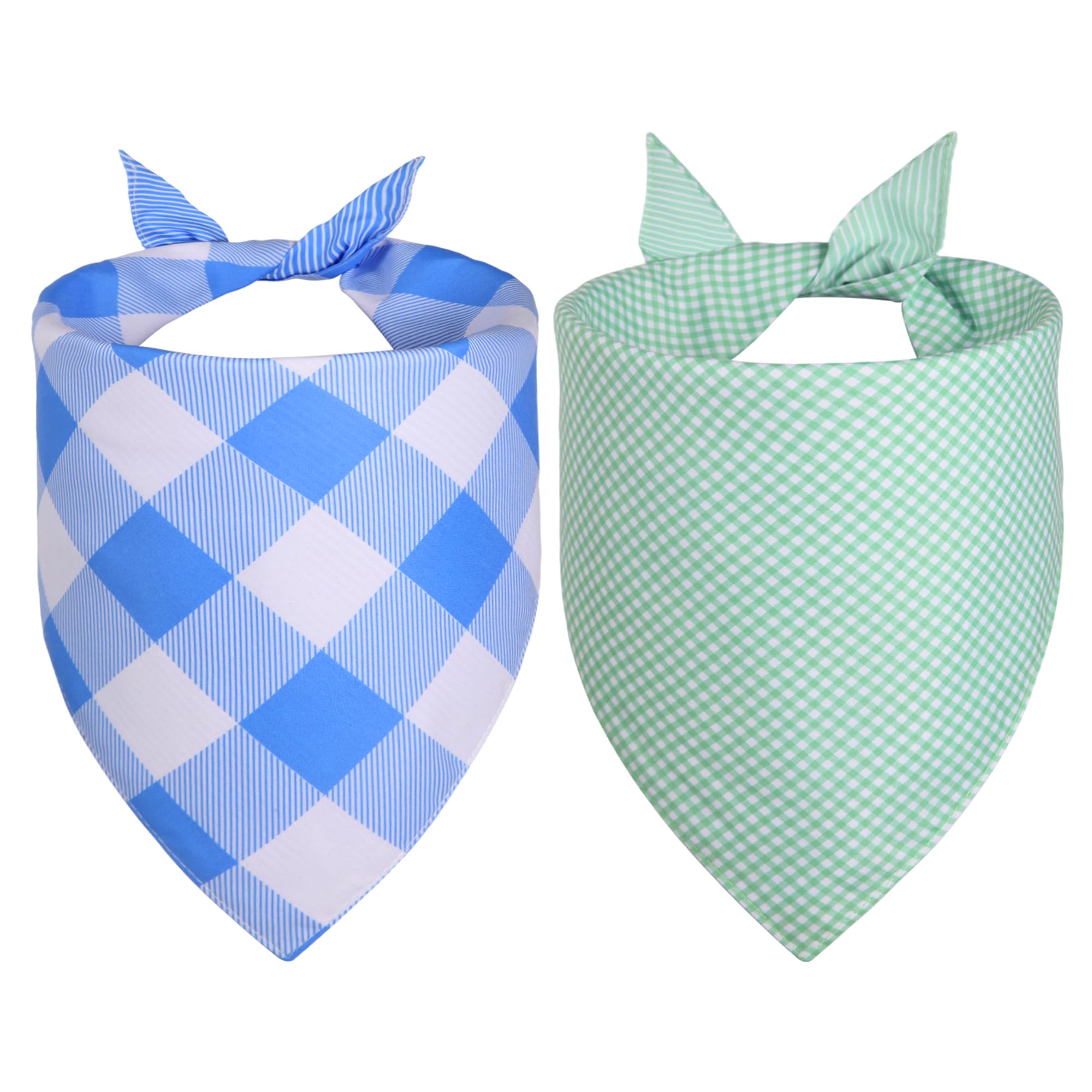 WoffBow Plaid Dog Bandanas 2 Pack (Reversible 4 Patterns) for Small Medium Dogs - Blue & Mint Green Gingham Stripe Scarf, Spring Summer Boy Girl Pet